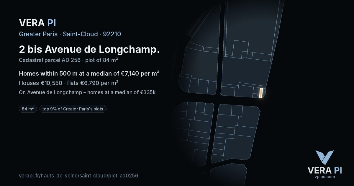 2 bis Avenue de Longchamp, Saint-Cloud at night – the plot lit, the parcels around coloured by the prices near them