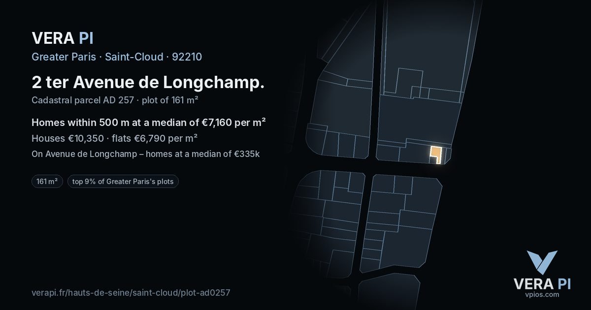 2 ter Avenue de Longchamp, Saint-Cloud at night – the plot lit, the parcels around coloured by the prices near them