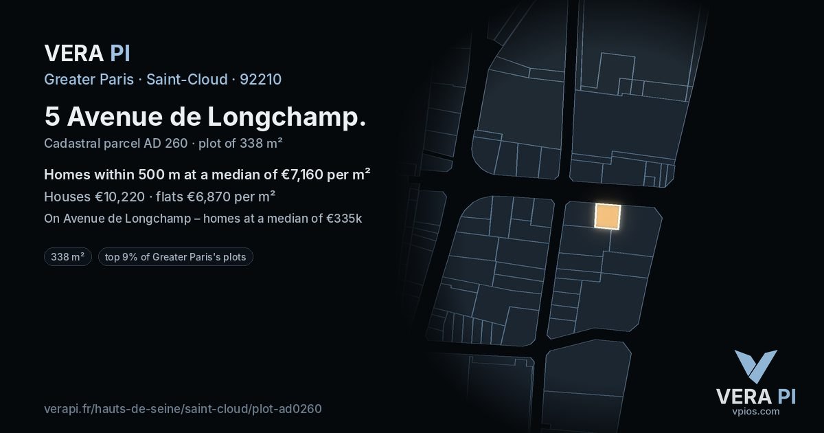 5 Avenue de Longchamp, Saint-Cloud at night – the plot lit, the parcels around coloured by the prices near them
