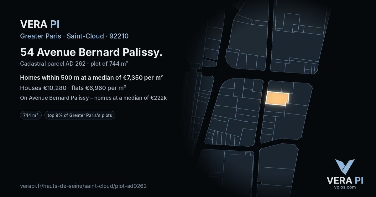 54 Avenue Bernard Palissy, Saint-Cloud at night – the plot lit, the parcels around coloured by the prices near them