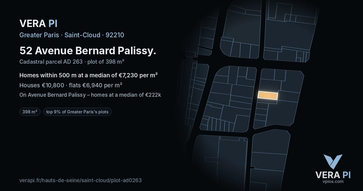 52 Avenue Bernard Palissy, Saint-Cloud at night – the plot lit, the parcels around coloured by the prices near them