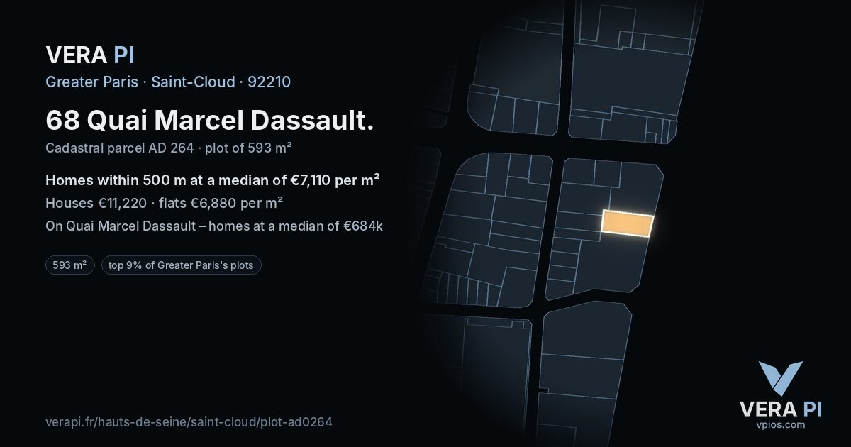 68 Quai Marcel Dassault, Saint-Cloud at night – the plot lit, the parcels around coloured by the prices near them