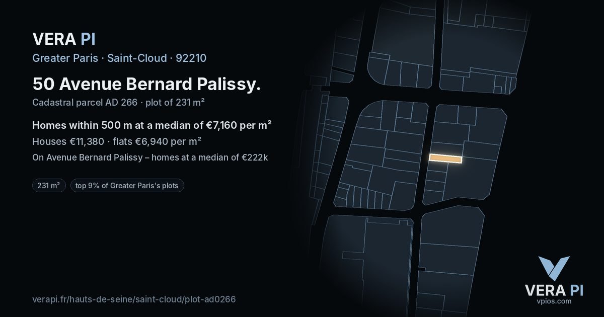 50 Avenue Bernard Palissy, Saint-Cloud at night – the plot lit, the parcels around coloured by the prices near them