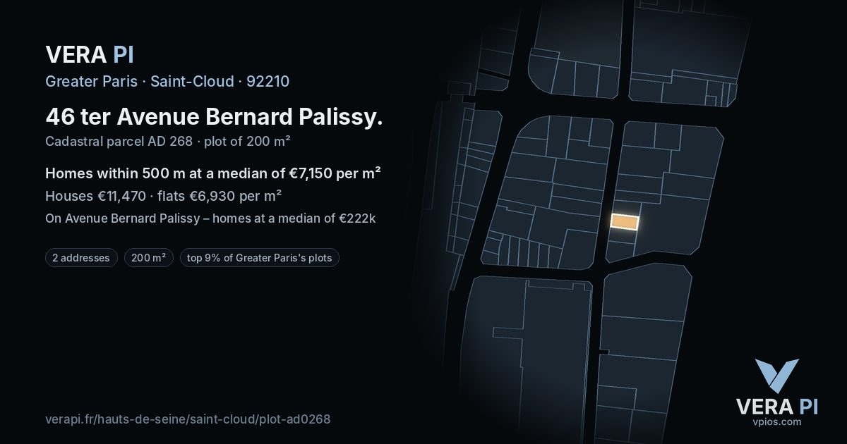 46 ter Avenue Bernard Palissy, Saint-Cloud at night – the plot lit, the parcels around coloured by the prices near them