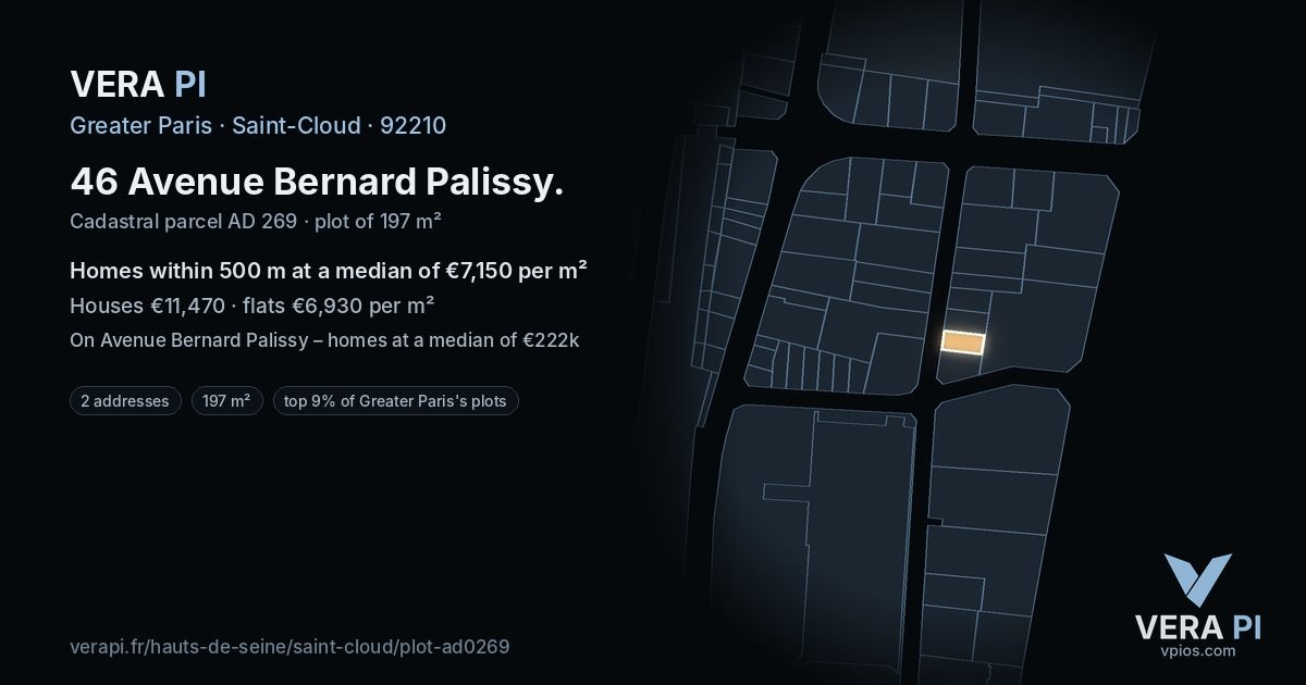 46 Avenue Bernard Palissy, Saint-Cloud at night – the plot lit, the parcels around coloured by the prices near them