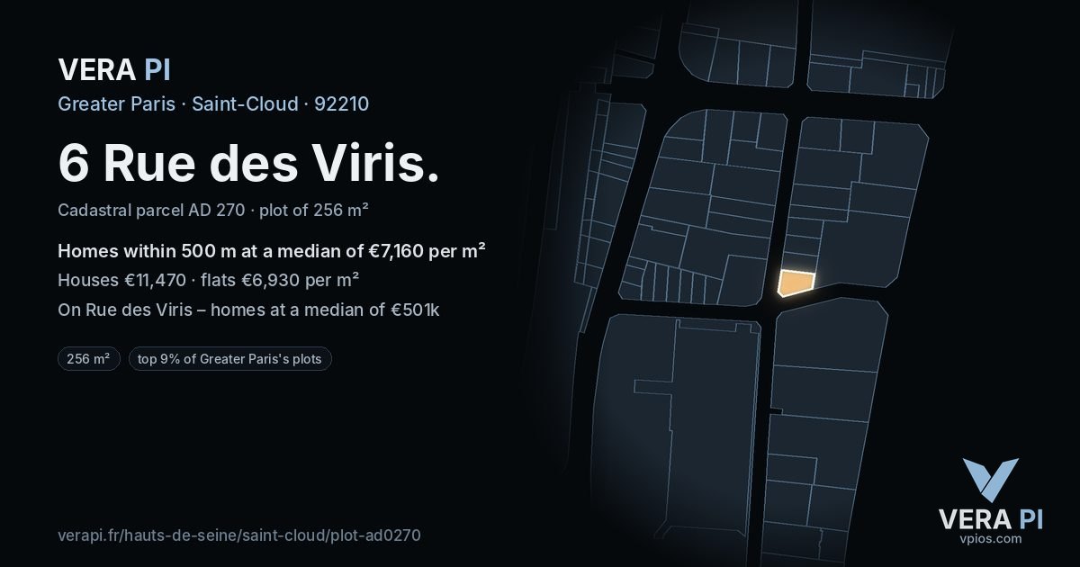 6 Rue des Viris, Saint-Cloud at night – the plot lit, the parcels around coloured by the prices near them