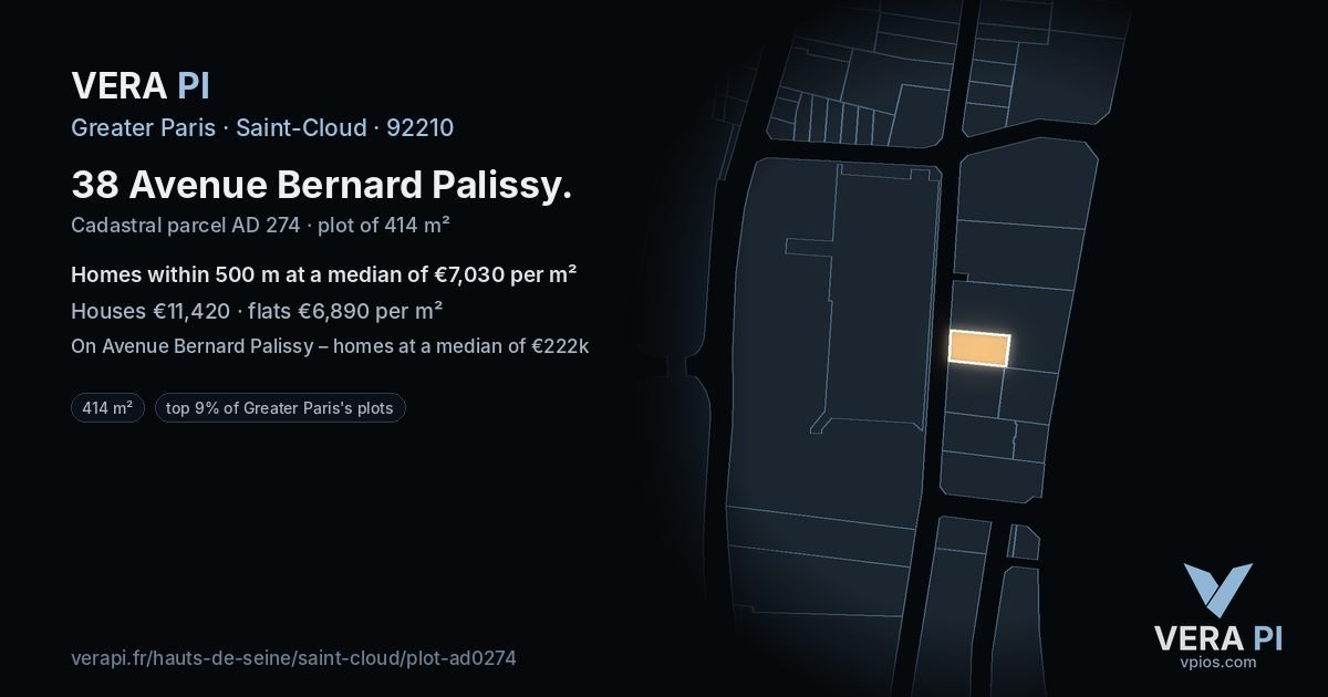 38 Avenue Bernard Palissy, Saint-Cloud at night – the plot lit, the parcels around coloured by the prices near them