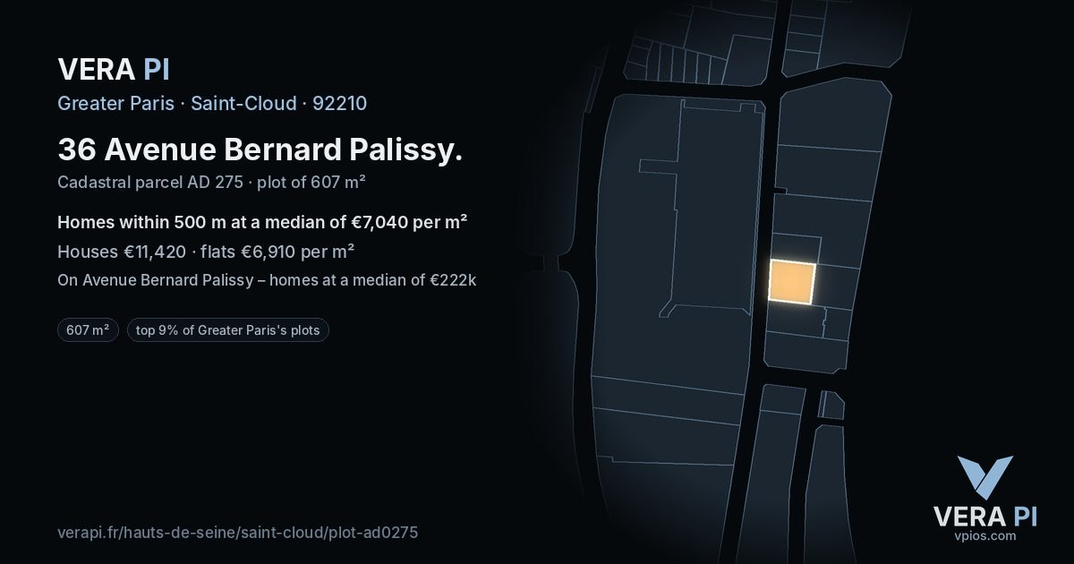 36 Avenue Bernard Palissy, Saint-Cloud at night – the plot lit, the parcels around coloured by the prices near them