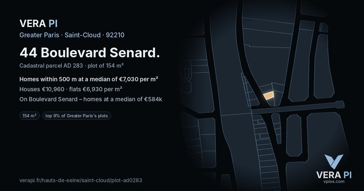 44 Boulevard Senard, Saint-Cloud at night – the plot lit, the parcels around coloured by the prices near them