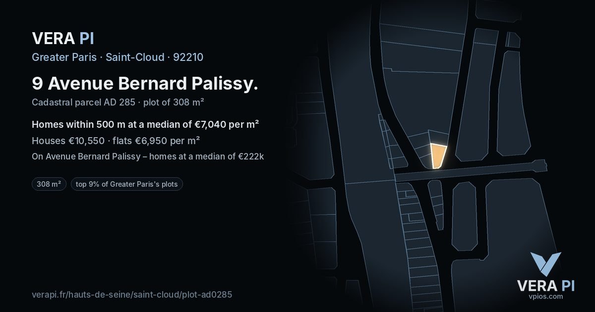 9 Avenue Bernard Palissy, Saint-Cloud at night – the plot lit, the parcels around coloured by the prices near them
