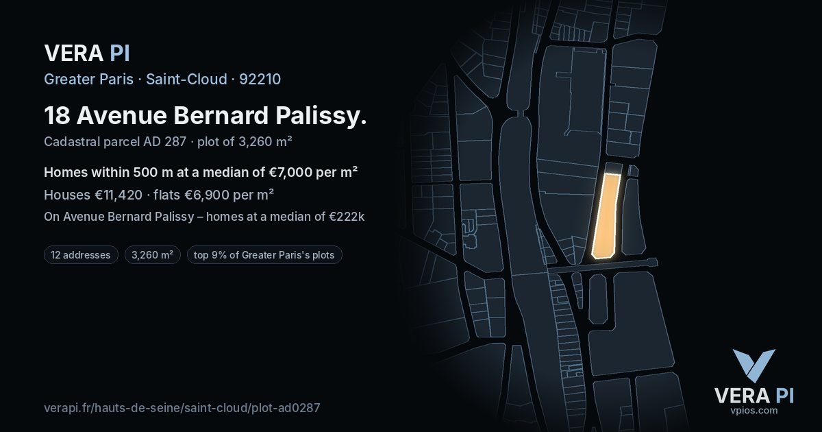 18 Avenue Bernard Palissy, Saint-Cloud at night – the plot lit, the parcels around coloured by the prices near them