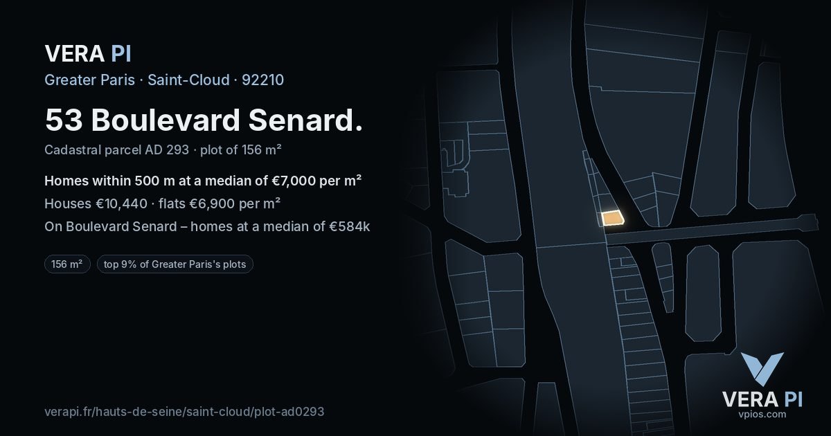 53 Boulevard Senard, Saint-Cloud at night – the plot lit, the parcels around coloured by the prices near them