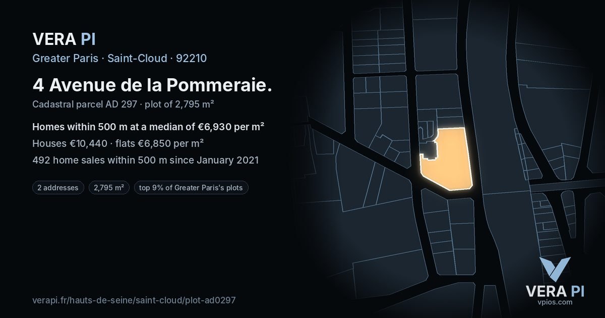 4 Avenue de la Pommeraie, Saint-Cloud at night – the plot lit, the parcels around coloured by the prices near them