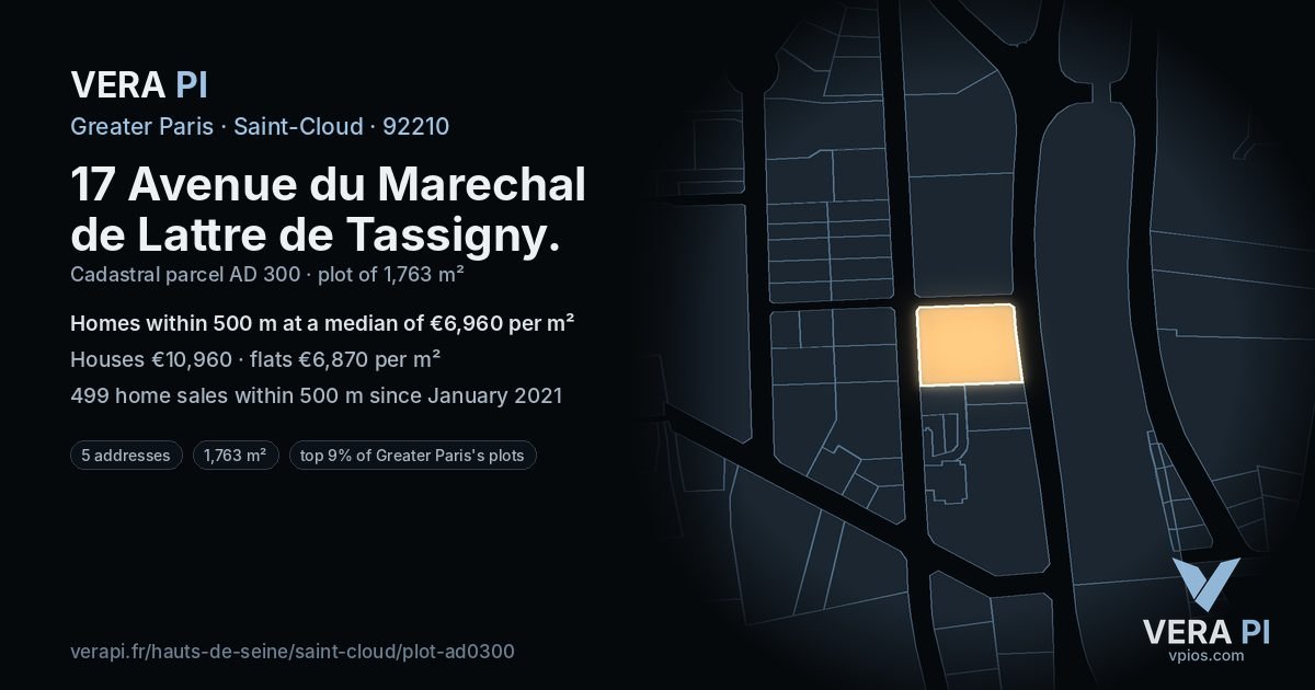 17 Avenue du Marechal de Lattre de Tassigny, Saint-Cloud at night – the plot lit, the parcels around coloured by the prices near them