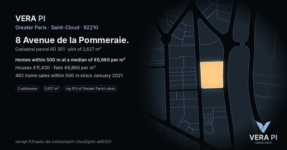 8 Avenue de la Pommeraie, Saint-Cloud at night – the plot lit, the parcels around coloured by the prices near them