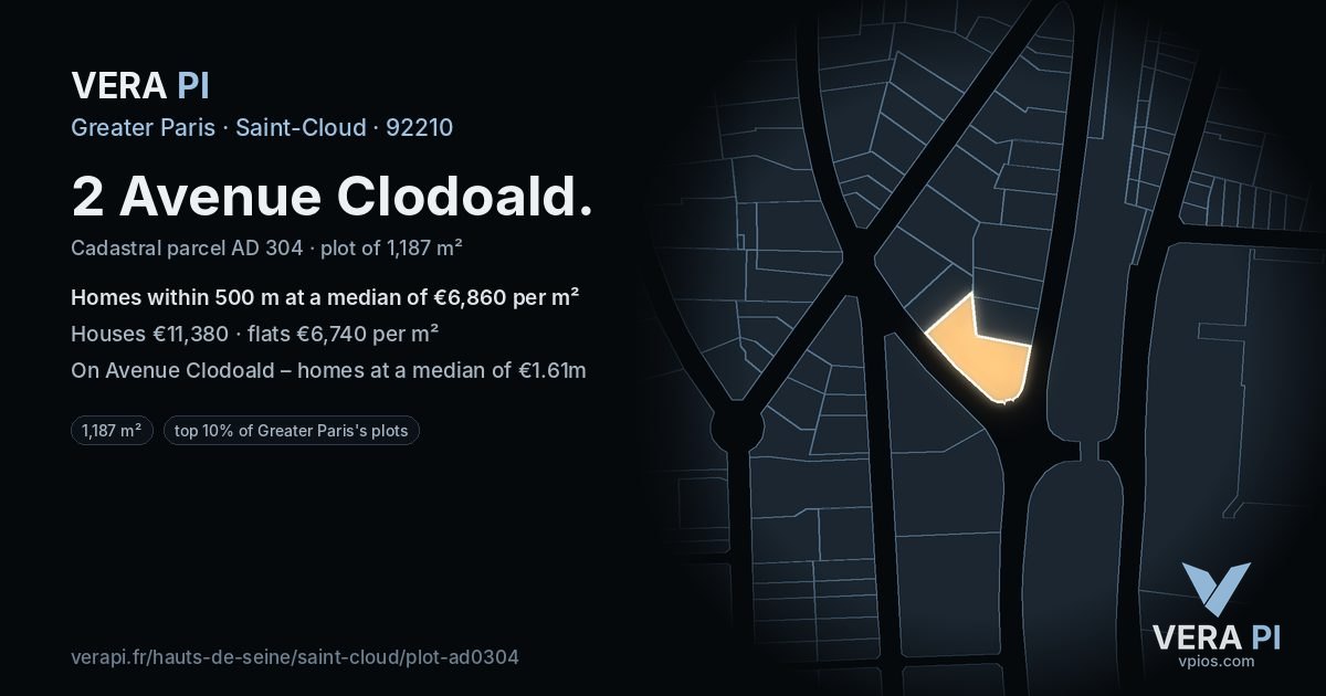 2 Avenue Clodoald, Saint-Cloud at night – the plot lit, the parcels around coloured by the prices near them