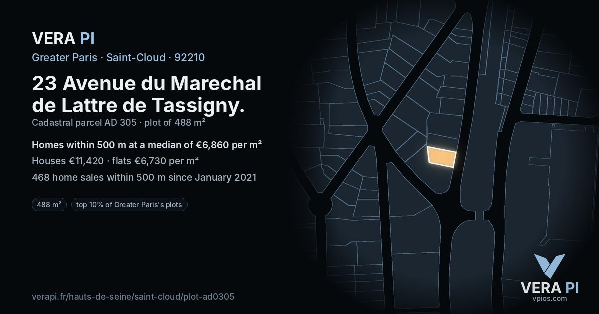 23 Avenue du Marechal de Lattre de Tassigny, Saint-Cloud at night – the plot lit, the parcels around coloured by the prices near them