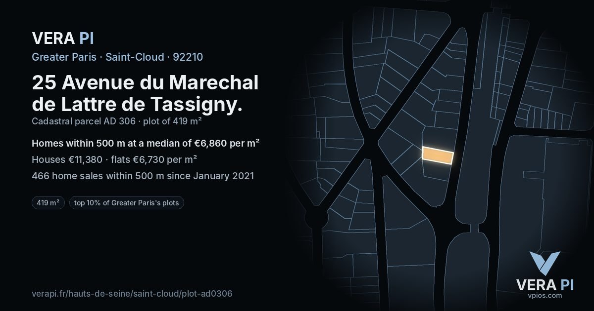 25 Avenue du Marechal de Lattre de Tassigny, Saint-Cloud at night – the plot lit, the parcels around coloured by the prices near them