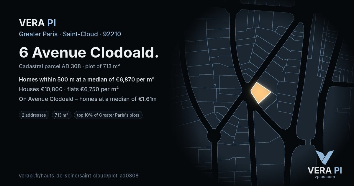 6 Avenue Clodoald, Saint-Cloud at night – the plot lit, the parcels around coloured by the prices near them