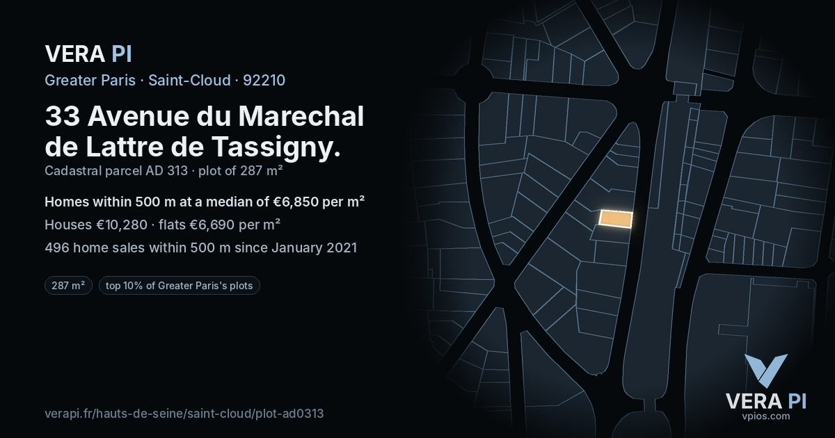 33 Avenue du Marechal de Lattre de Tassigny, Saint-Cloud at night – the plot lit, the parcels around coloured by the prices near them