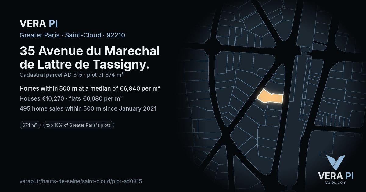 35 Avenue du Marechal de Lattre de Tassigny, Saint-Cloud at night – the plot lit, the parcels around coloured by the prices near them