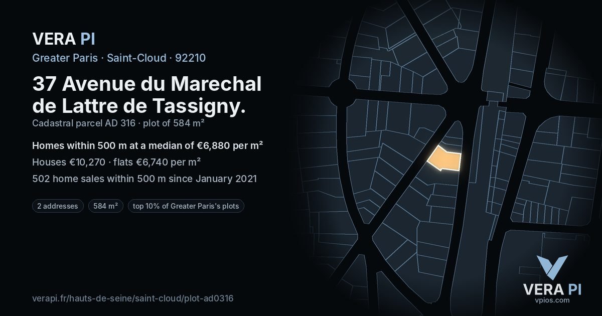 37 Avenue du Marechal de Lattre de Tassigny, Saint-Cloud at night – the plot lit, the parcels around coloured by the prices near them