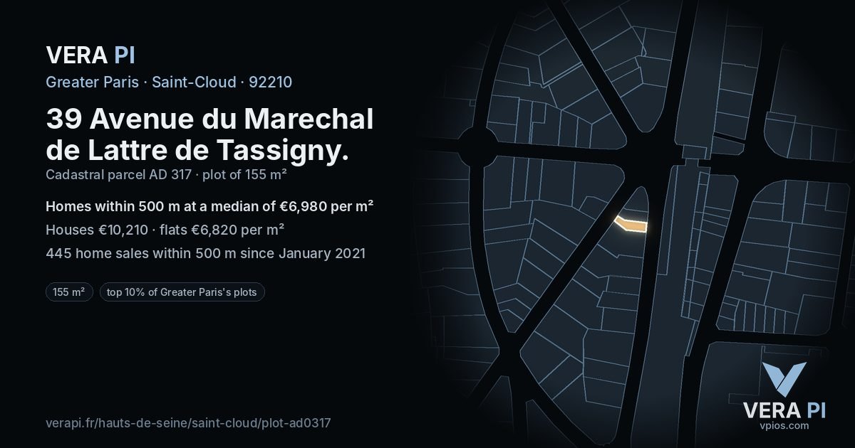 39 Avenue du Marechal de Lattre de Tassigny, Saint-Cloud at night – the plot lit, the parcels around coloured by the prices near them