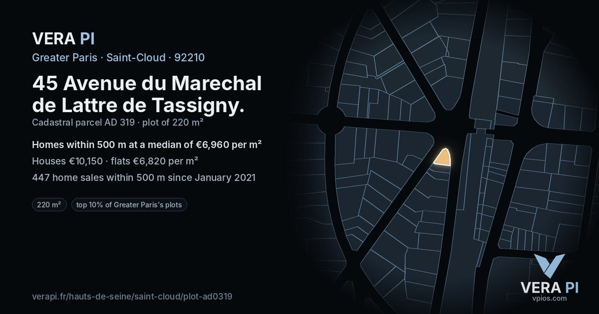 45 Avenue du Marechal de Lattre de Tassigny, Saint-Cloud at night – the plot lit, the parcels around coloured by the prices near them