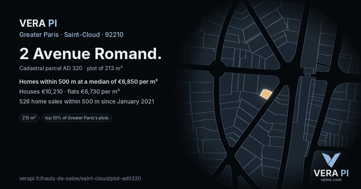 2 Avenue Romand, Saint-Cloud at night – the plot lit, the parcels around coloured by the prices near them