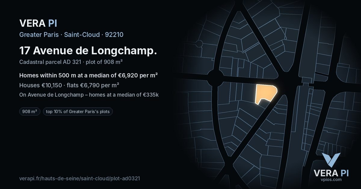17 Avenue de Longchamp, Saint-Cloud at night – the plot lit, the parcels around coloured by the prices near them