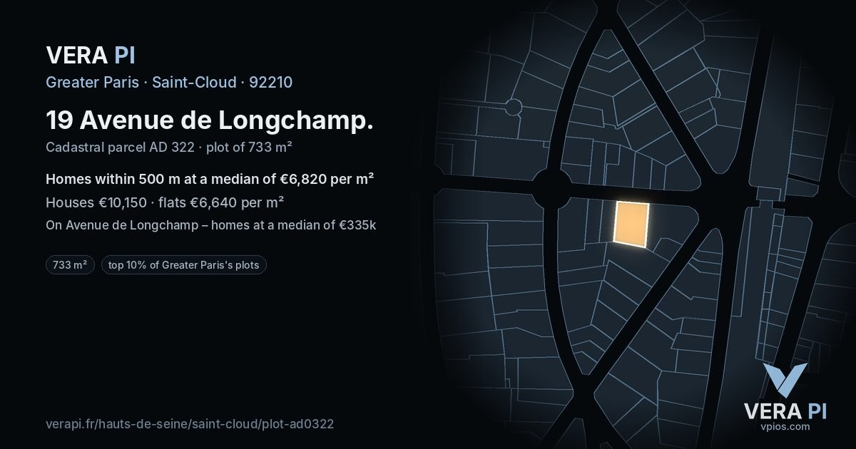 19 Avenue de Longchamp, Saint-Cloud at night – the plot lit, the parcels around coloured by the prices near them