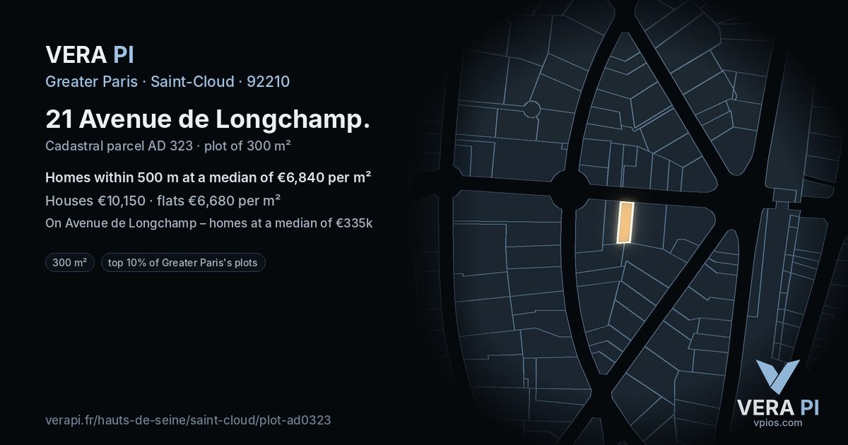 21 Avenue de Longchamp, Saint-Cloud at night – the plot lit, the parcels around coloured by the prices near them