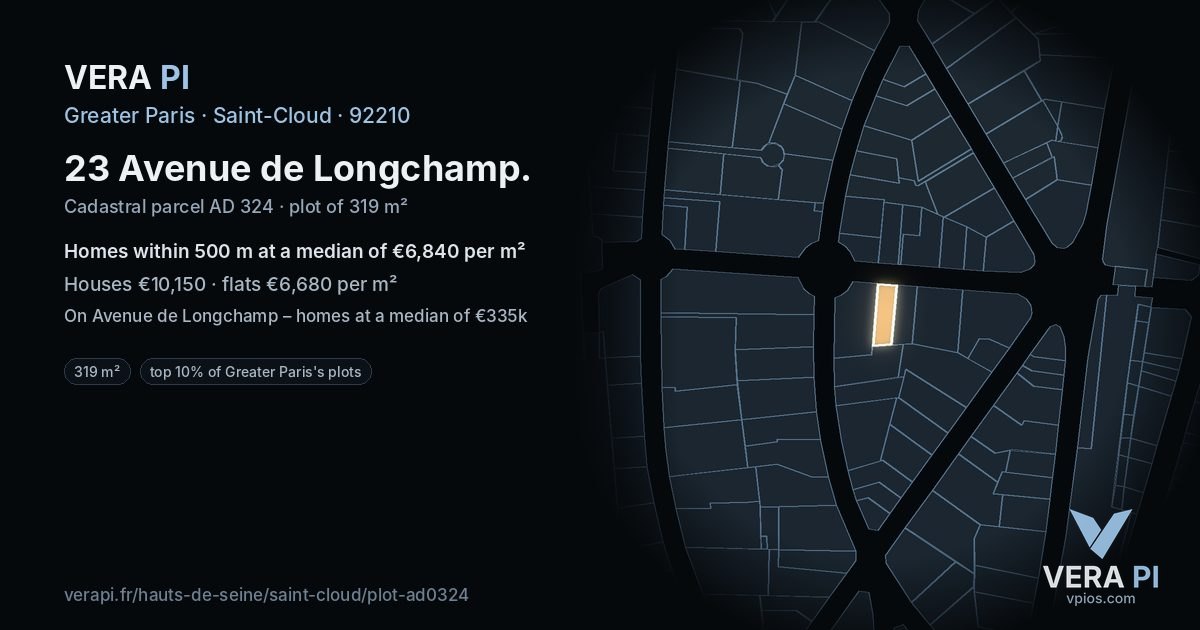 23 Avenue de Longchamp, Saint-Cloud at night – the plot lit, the parcels around coloured by the prices near them