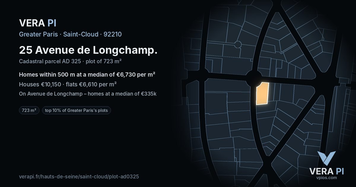 25 Avenue de Longchamp, Saint-Cloud at night – the plot lit, the parcels around coloured by the prices near them