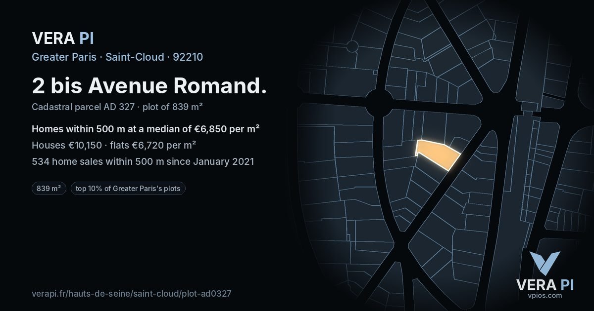 2 bis Avenue Romand, Saint-Cloud at night – the plot lit, the parcels around coloured by the prices near them