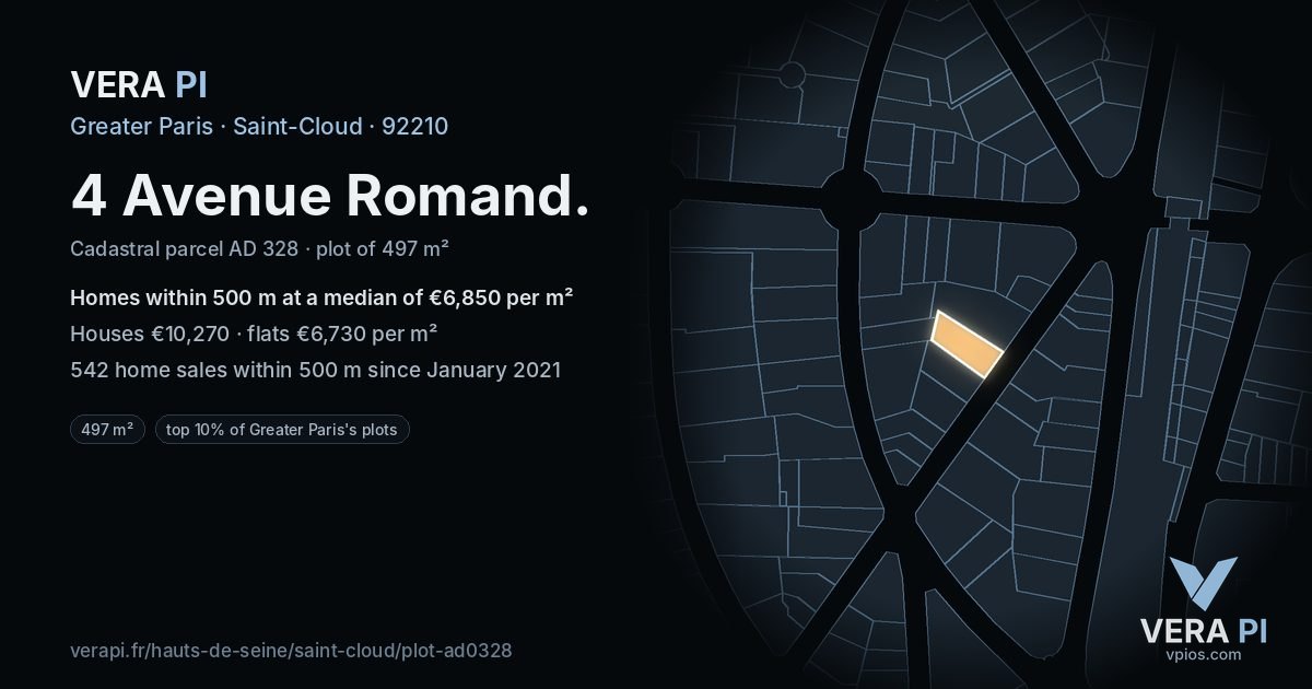4 Avenue Romand, Saint-Cloud at night – the plot lit, the parcels around coloured by the prices near them