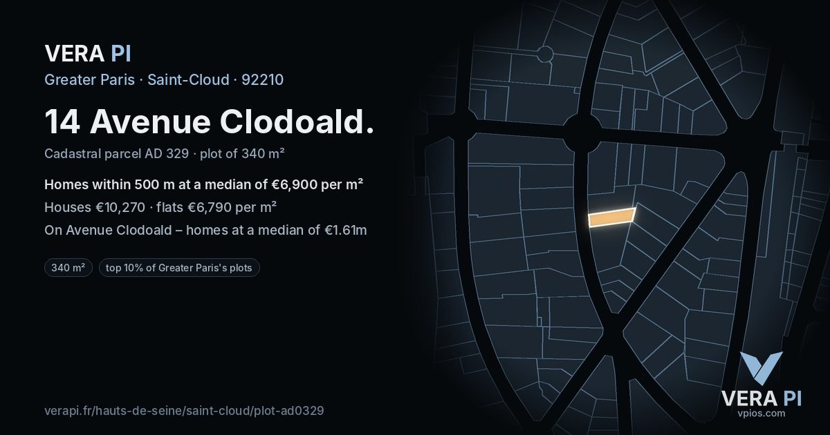 14 Avenue Clodoald, Saint-Cloud at night – the plot lit, the parcels around coloured by the prices near them