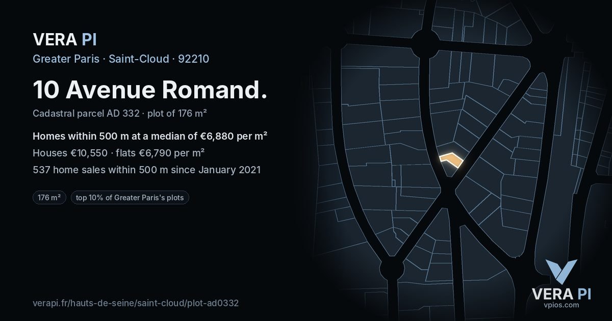 10 Avenue Romand, Saint-Cloud at night – the plot lit, the parcels around coloured by the prices near them