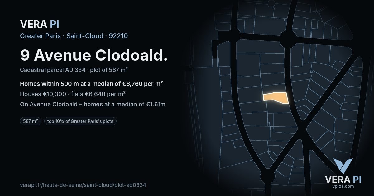 9 Avenue Clodoald, Saint-Cloud at night – the plot lit, the parcels around coloured by the prices near them