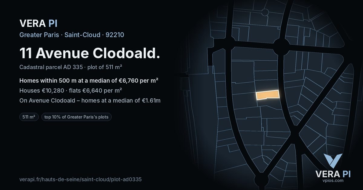11 Avenue Clodoald, Saint-Cloud at night – the plot lit, the parcels around coloured by the prices near them