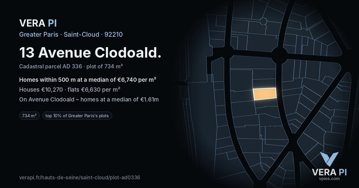 13 Avenue Clodoald, Saint-Cloud at night – the plot lit, the parcels around coloured by the prices near them