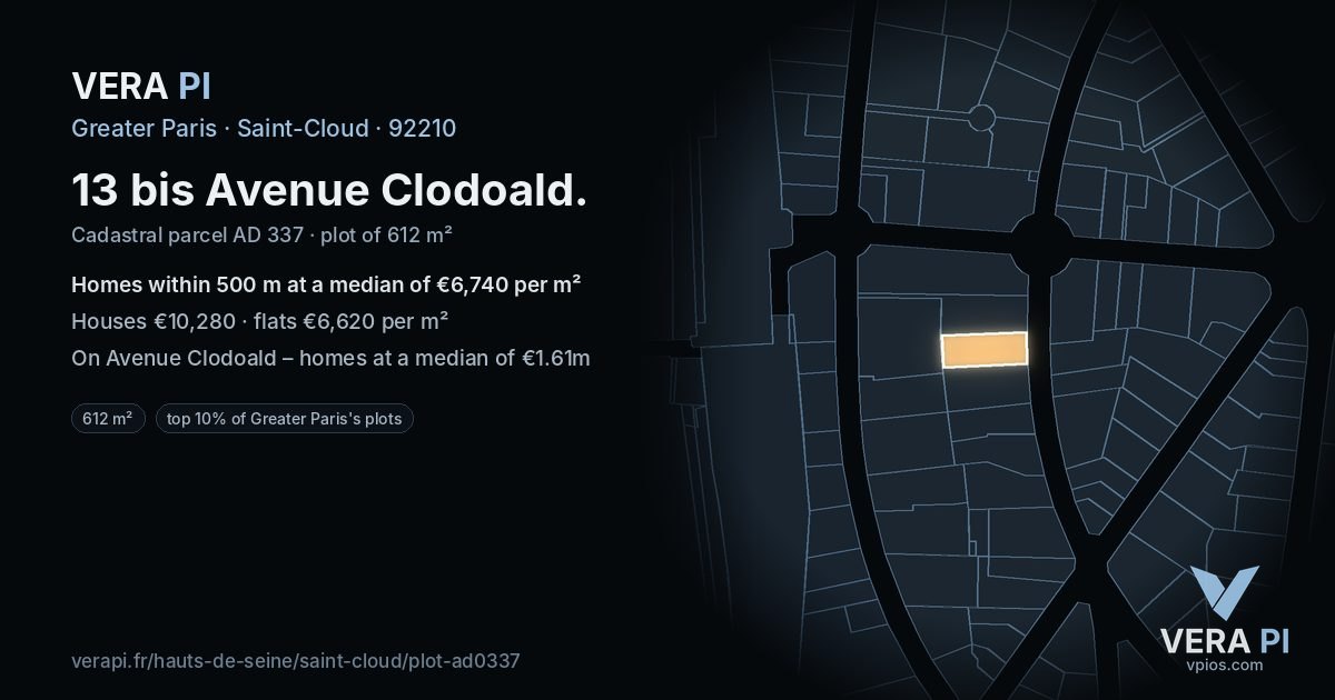 13 bis Avenue Clodoald, Saint-Cloud at night – the plot lit, the parcels around coloured by the prices near them