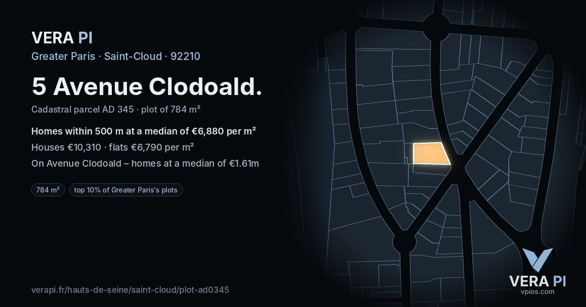 5 Avenue Clodoald, Saint-Cloud at night – the plot lit, the parcels around coloured by the prices near them