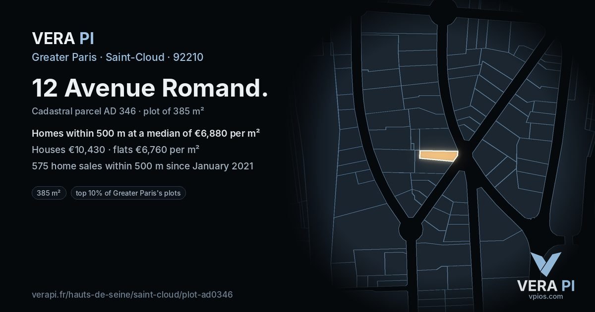 12 Avenue Romand, Saint-Cloud at night – the plot lit, the parcels around coloured by the prices near them