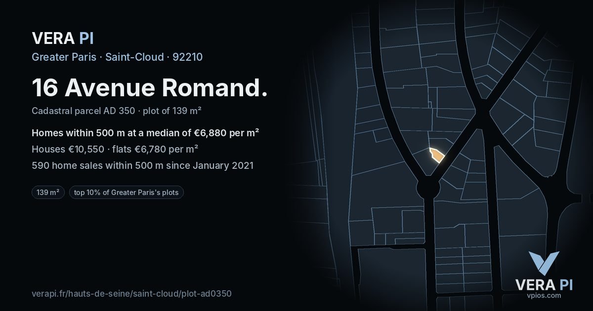 16 Avenue Romand, Saint-Cloud at night – the plot lit, the parcels around coloured by the prices near them