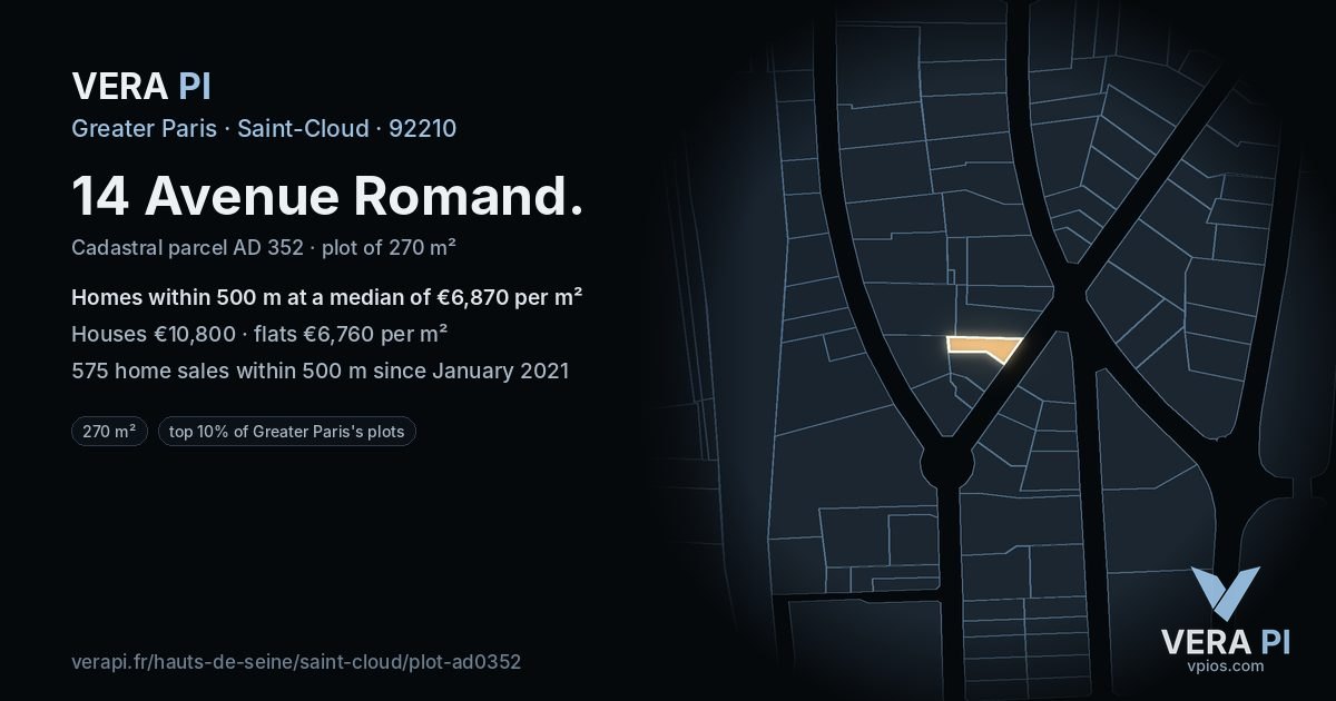 14 Avenue Romand, Saint-Cloud at night – the plot lit, the parcels around coloured by the prices near them