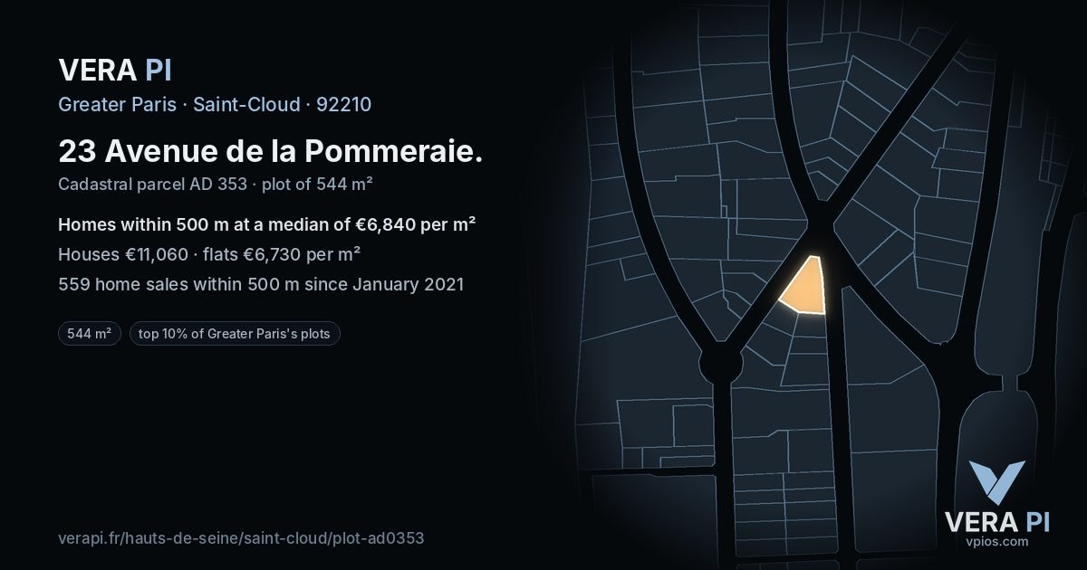 23 Avenue de la Pommeraie, Saint-Cloud at night – the plot lit, the parcels around coloured by the prices near them