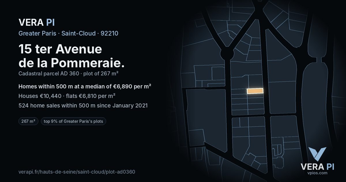 15 ter Avenue de la Pommeraie, Saint-Cloud at night – the plot lit, the parcels around coloured by the prices near them