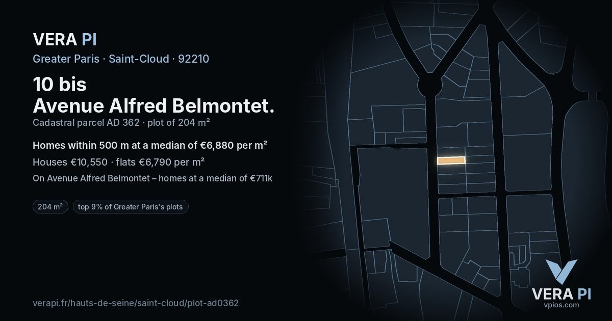 10 bis Avenue Alfred Belmontet, Saint-Cloud at night – the plot lit, the parcels around coloured by the prices near them