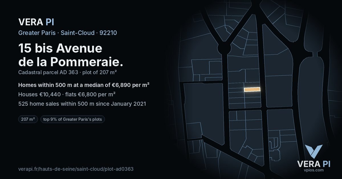 15 bis Avenue de la Pommeraie, Saint-Cloud at night – the plot lit, the parcels around coloured by the prices near them